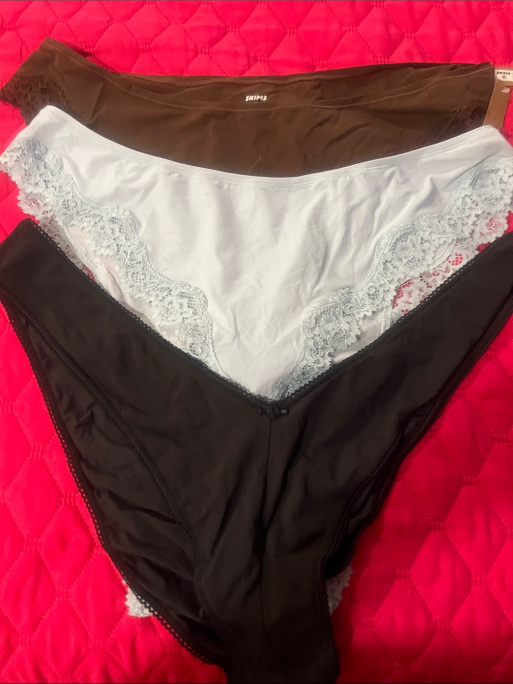 SKIMS 3-Pack Lace-Trim Bikini Panties in Brown, Light Blue & Black